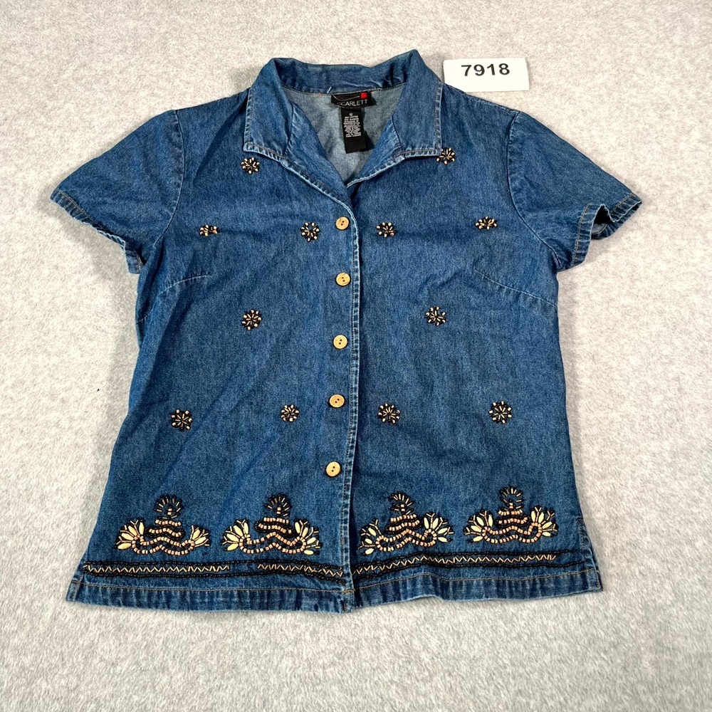 Scarlett Denim Shirt Womens 12 Blue‎ Cotton Beaded Floral Collared Button Up